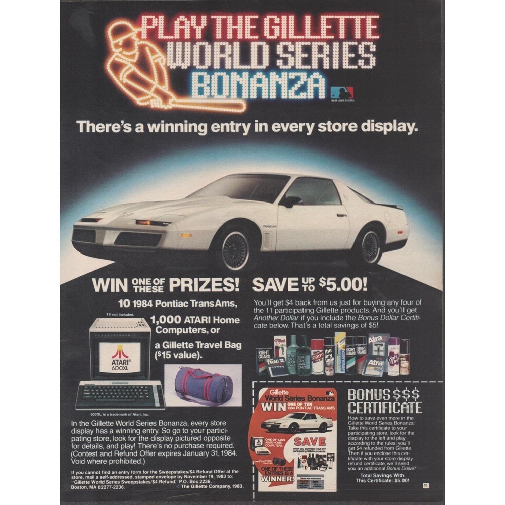 Atari 600XL Computer Pontiac‎ Trans Am Gillette World Series Promo Print Ad 1983
